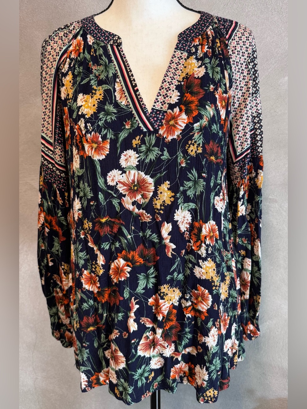 JODIFL Dark Floral Boho Peasant Blouse Scarf Print Long Sleeve Top Small